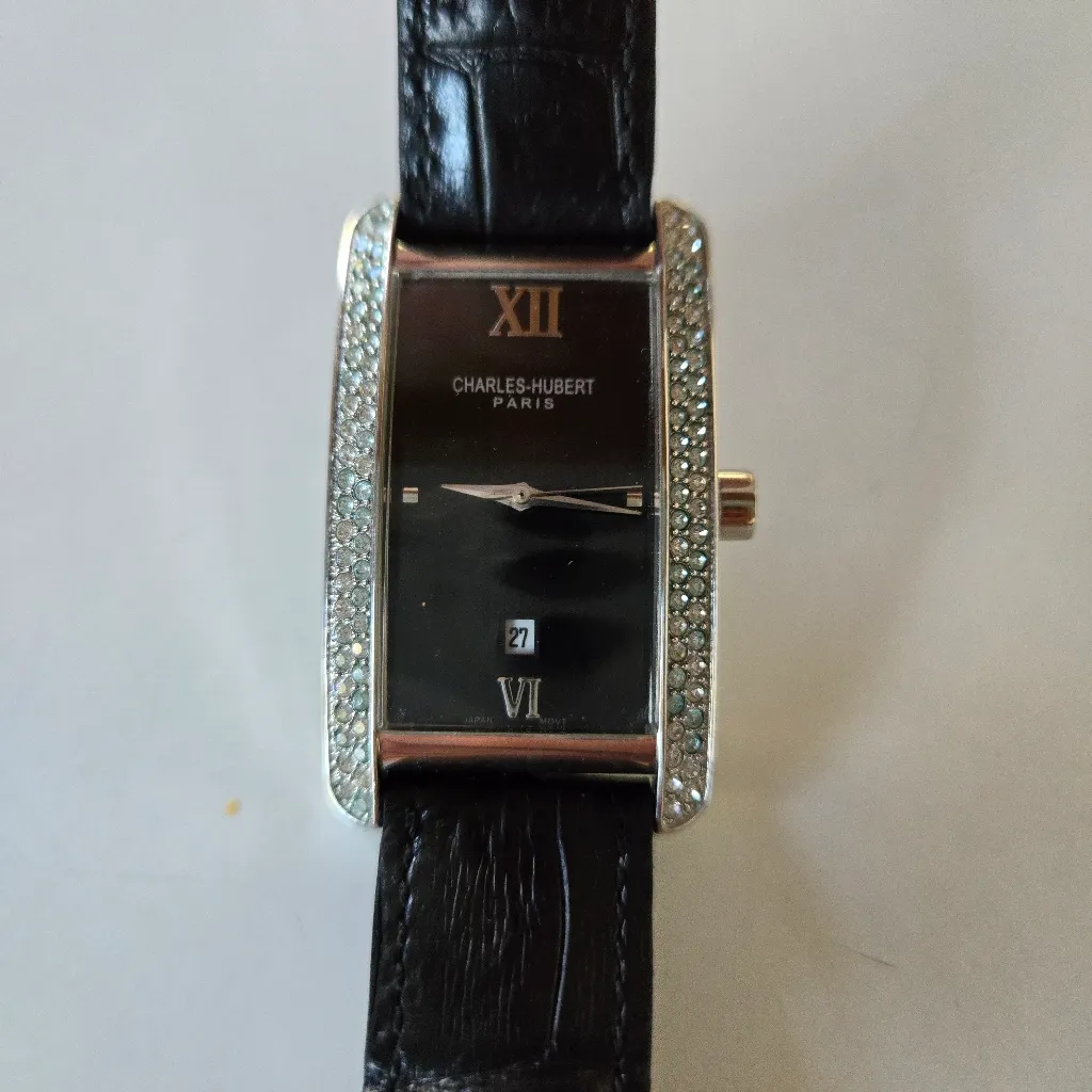 Charles Hubert Paris Ladies Rectangular Black Leather Band Watch - Image 2