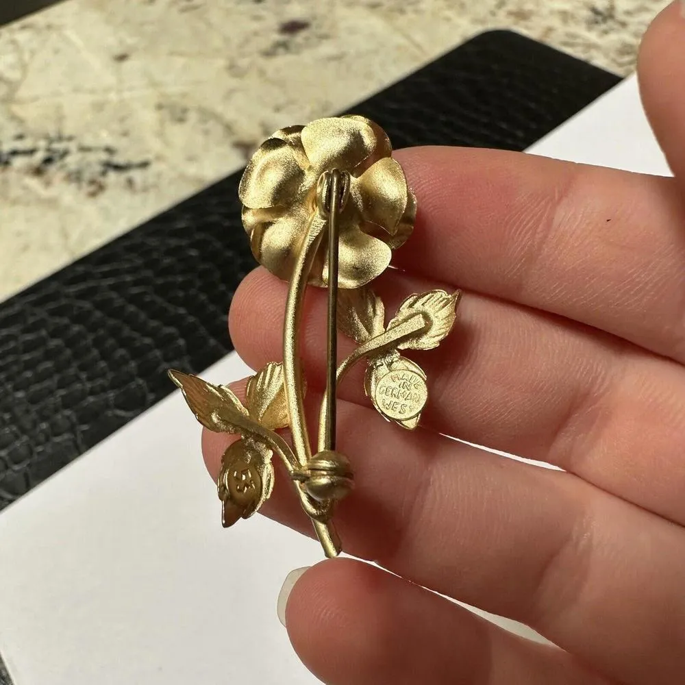 Made In West Germany Matte Gold Tone Flower Faux Pearl Brooch Pin - Image 3