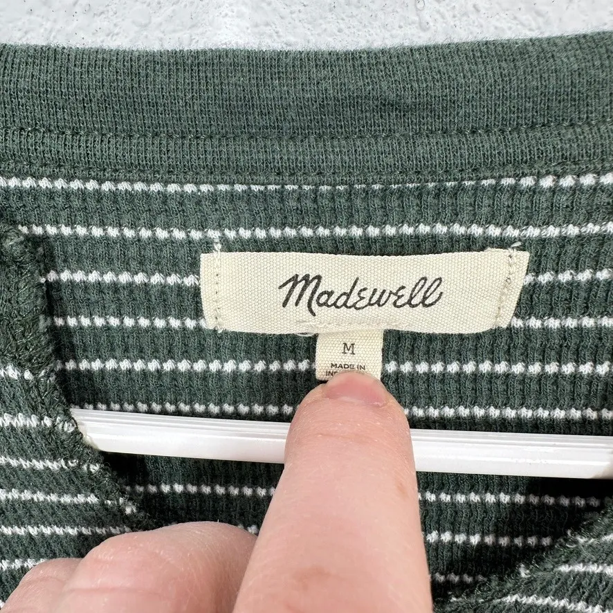 Madewell Splitneck Raglan-Sleeve Striped Henley V Neck Short Sleeve Shirt Green - Image 5