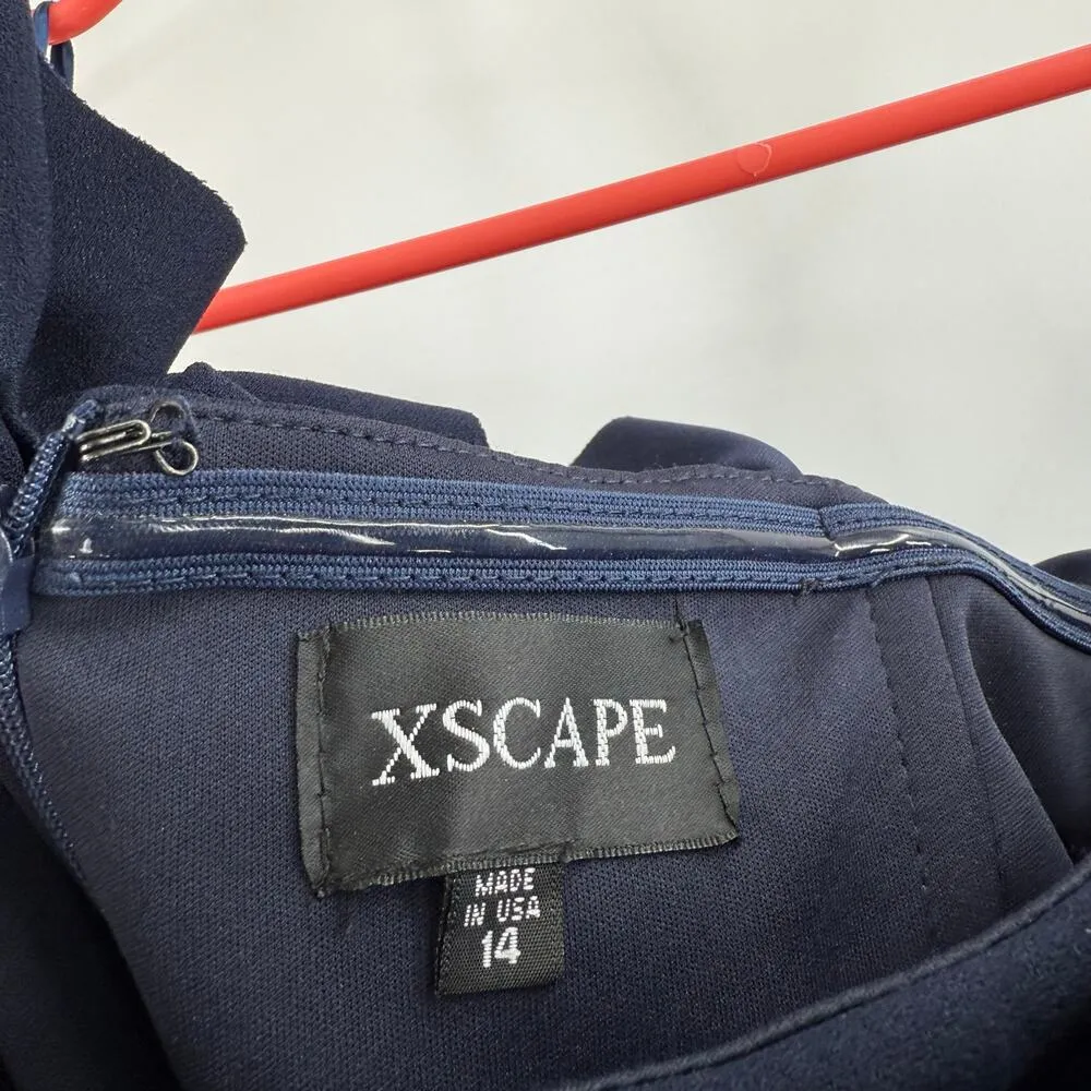 XSCAPE Dress Size 14 Ruffle Off The Shoulder Slit Formal Evening Gown Navy NWT - Image 6