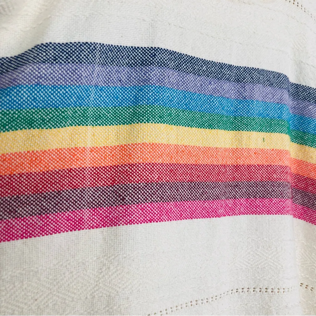 Nativa handmade cream with rainbow motif textured fringed one size poncho top Blue - Image 2