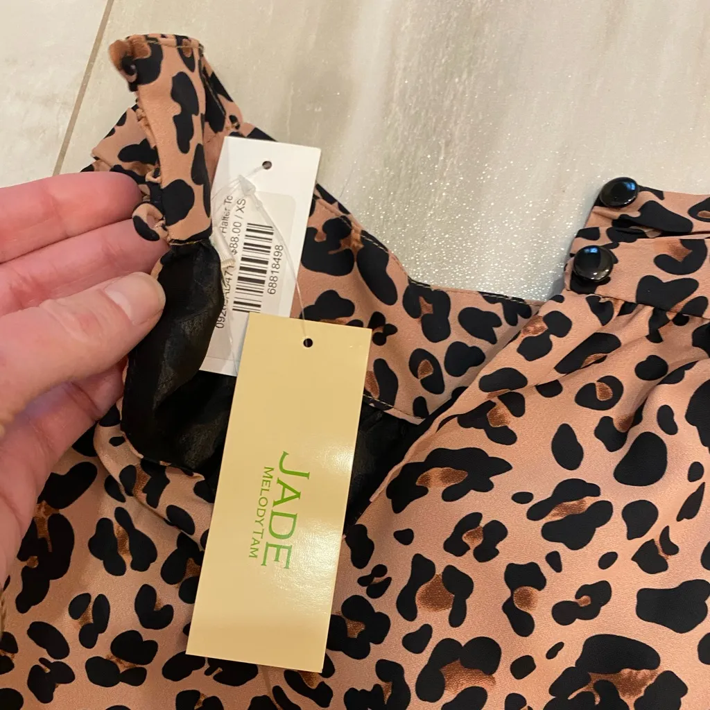 NWT Jade Neutral Brown and Black Leopard Print Gathered Neck Halter Top, size XS - Image 12