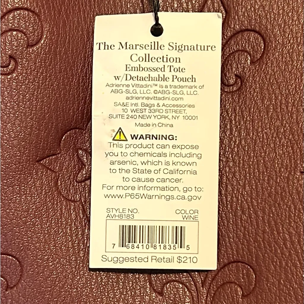NWT.. Adrienne Vittadini Marseille Wine Leather Embossed Tote & Pouch MSRP $210 - Image 4