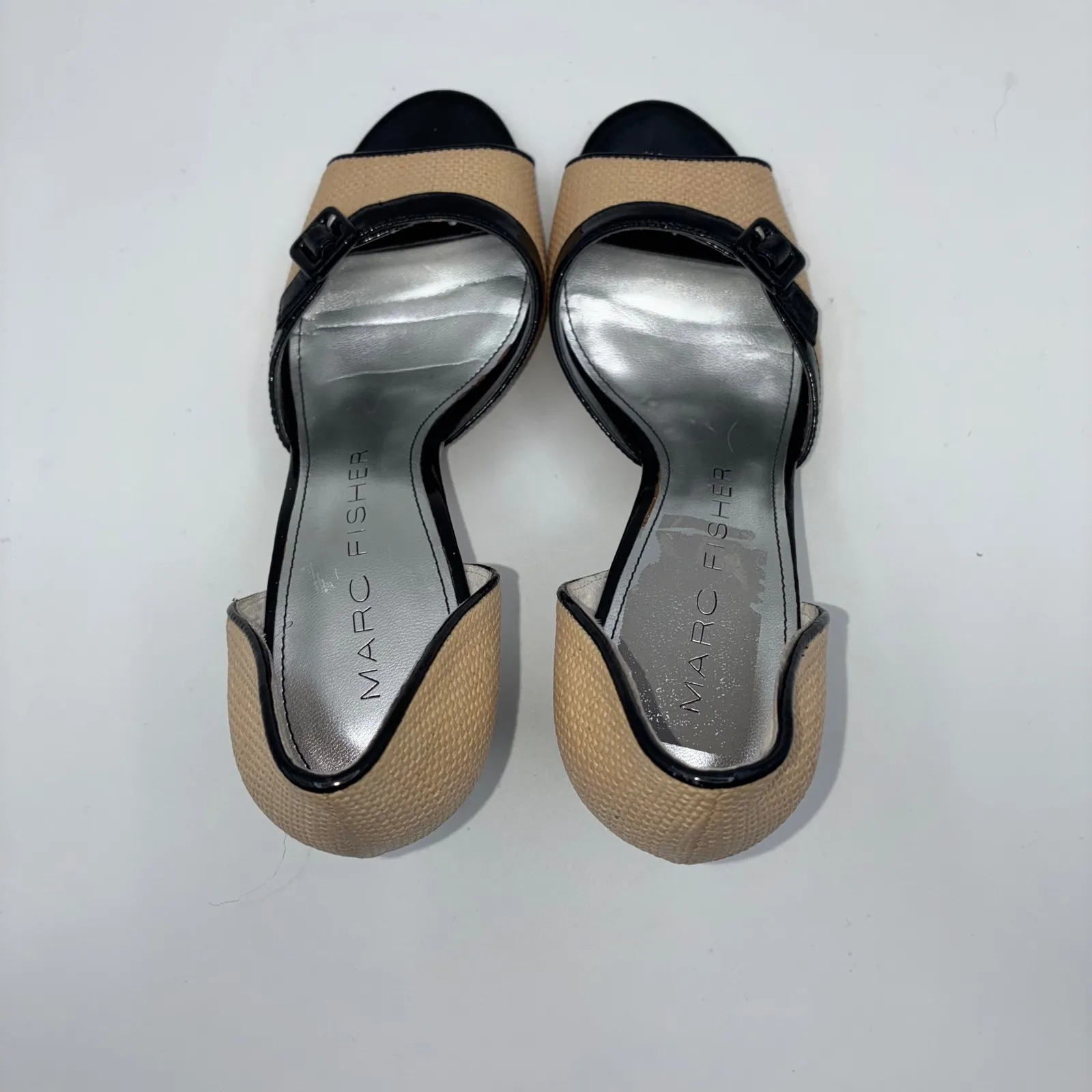 Marc Fisher Peep Toe Heels Tan Woven Black Patent Stiletto Women Size 6 Chic - Image 9