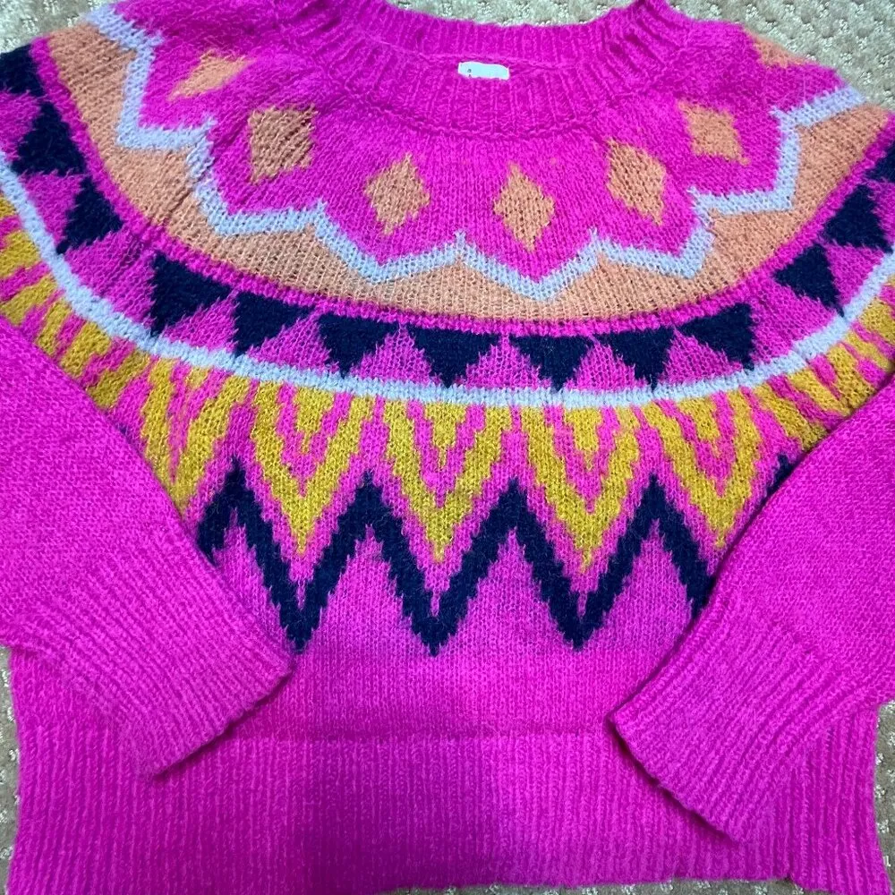 A NEW DAY Bright Pink Fair Isle Retro Flare Crewneck Fuschia SZ L Sweater Cabin - Image 2