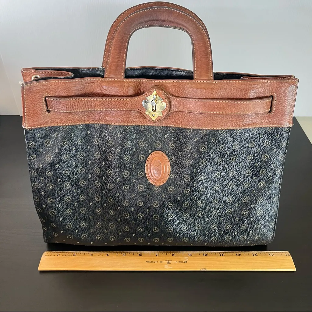 Vintage Pollini Monogram Leather Tote Purse Bag Italy Brown Black Old Money - Image 9