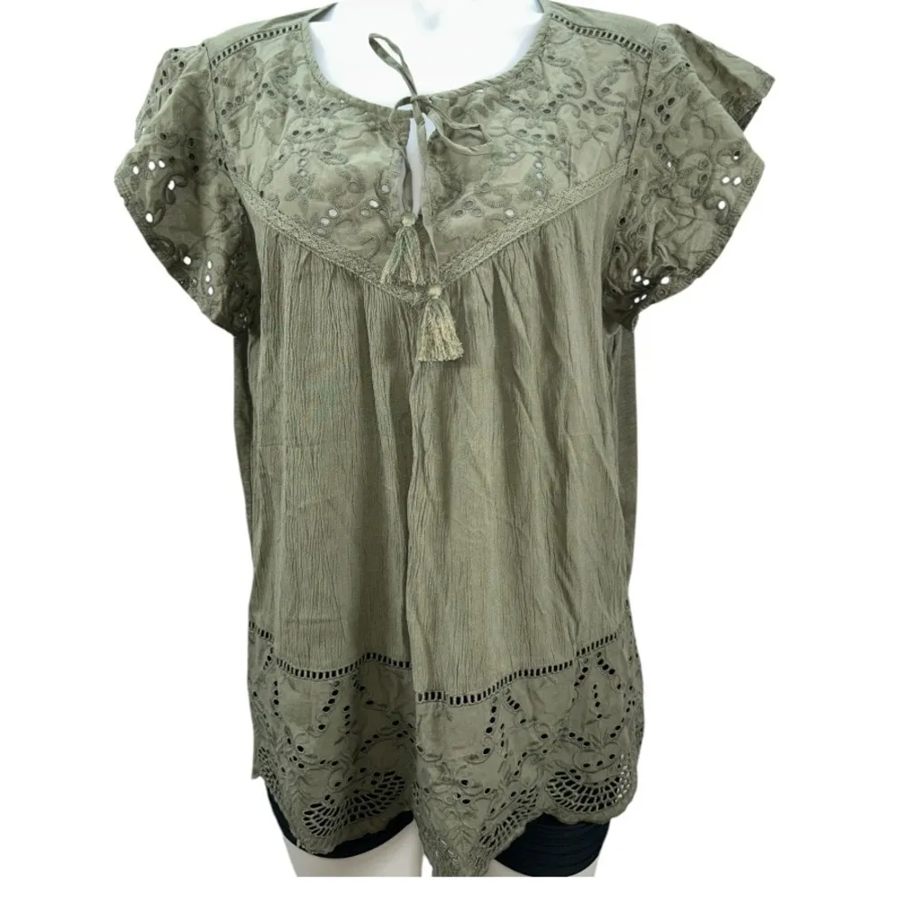 Style and Co Green Olive Flutter Sleeve women’s Blouse with Tie Front Size 1X - Image 2