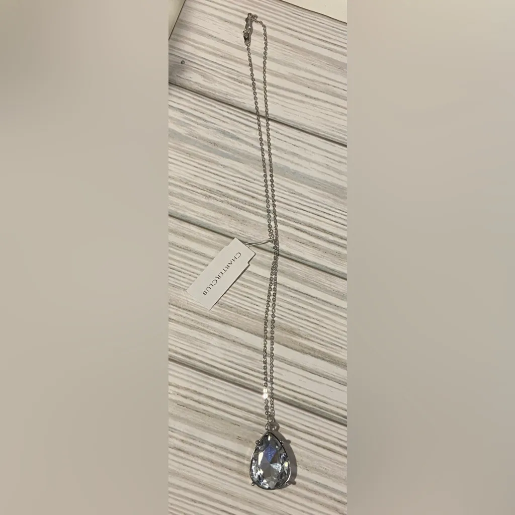 Charter Club Teardrop Pendant Necklace Silver Tone Large Faceted Crystal NWT - Image 2