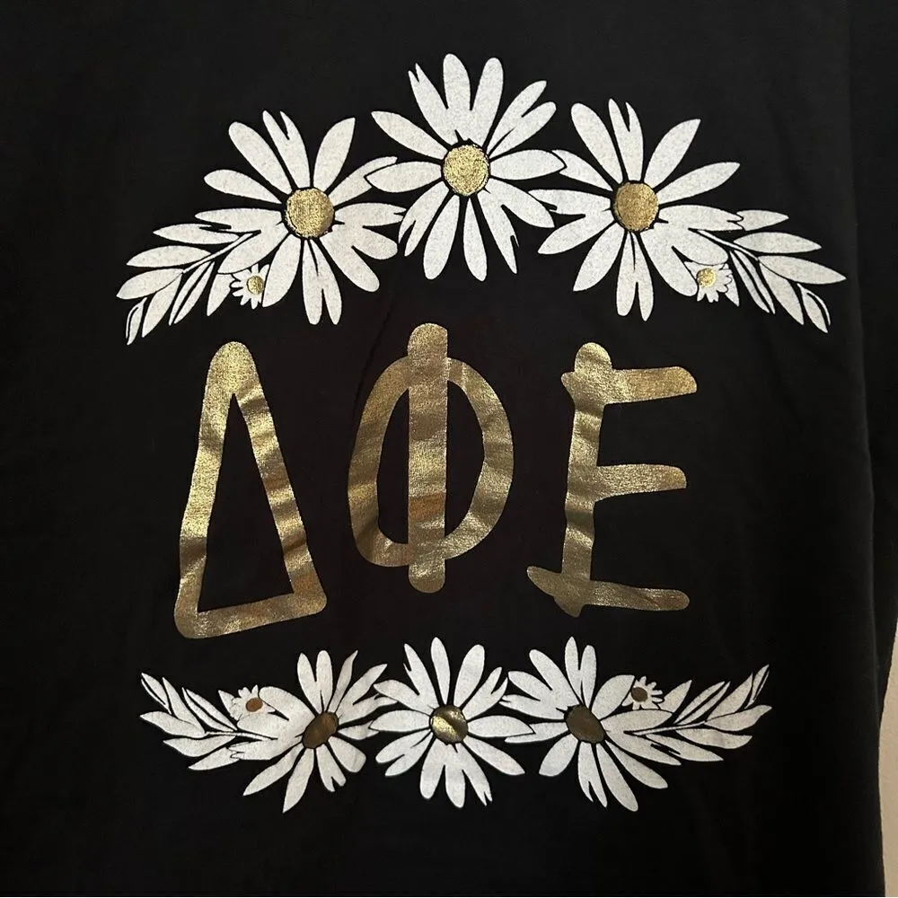 Delta Phi Epsilon Graphic Tee Shirt Short Sleeve V-Neck Daisies Gold Black DPhiE - Image 2
