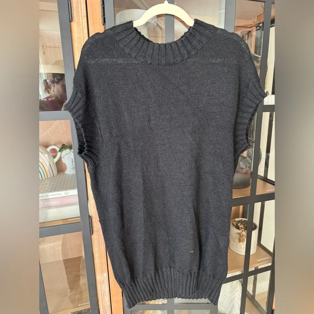 VINCE. linen sweater vest tunic ribbed open knit top short sleeve crew neck - Image 7