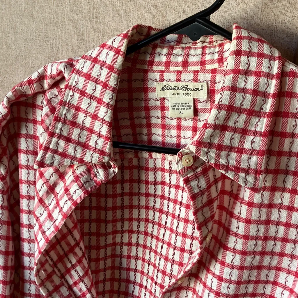 Eddie Bauer Red and White Plaid lightweight flannel Cotton Shirt XL - Image 3