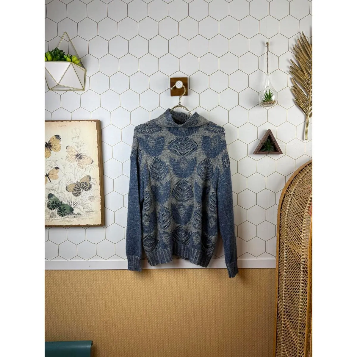 Folk by Hansel Stitched Blue Foliage Turtleneck Sweater - Image 3