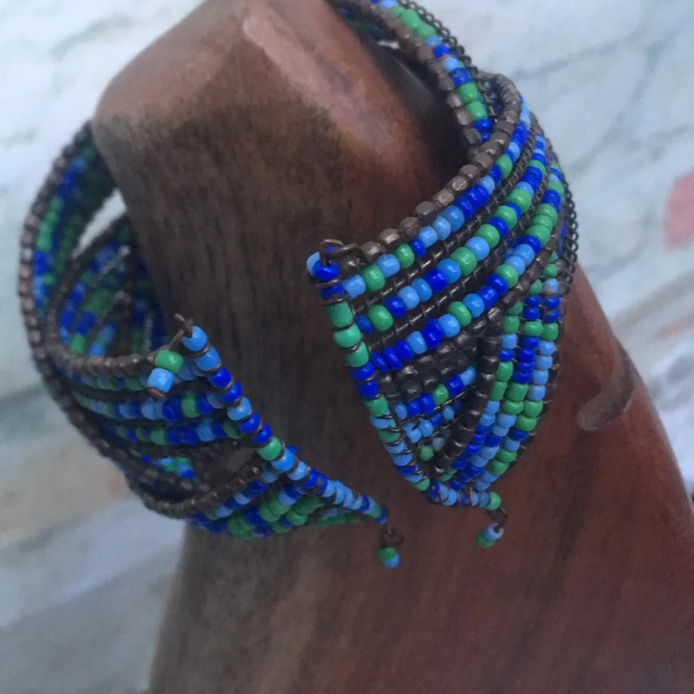 Bohemian Wire Cuff Braided Multicolor Seed Bead Bracelet Green - Image 2