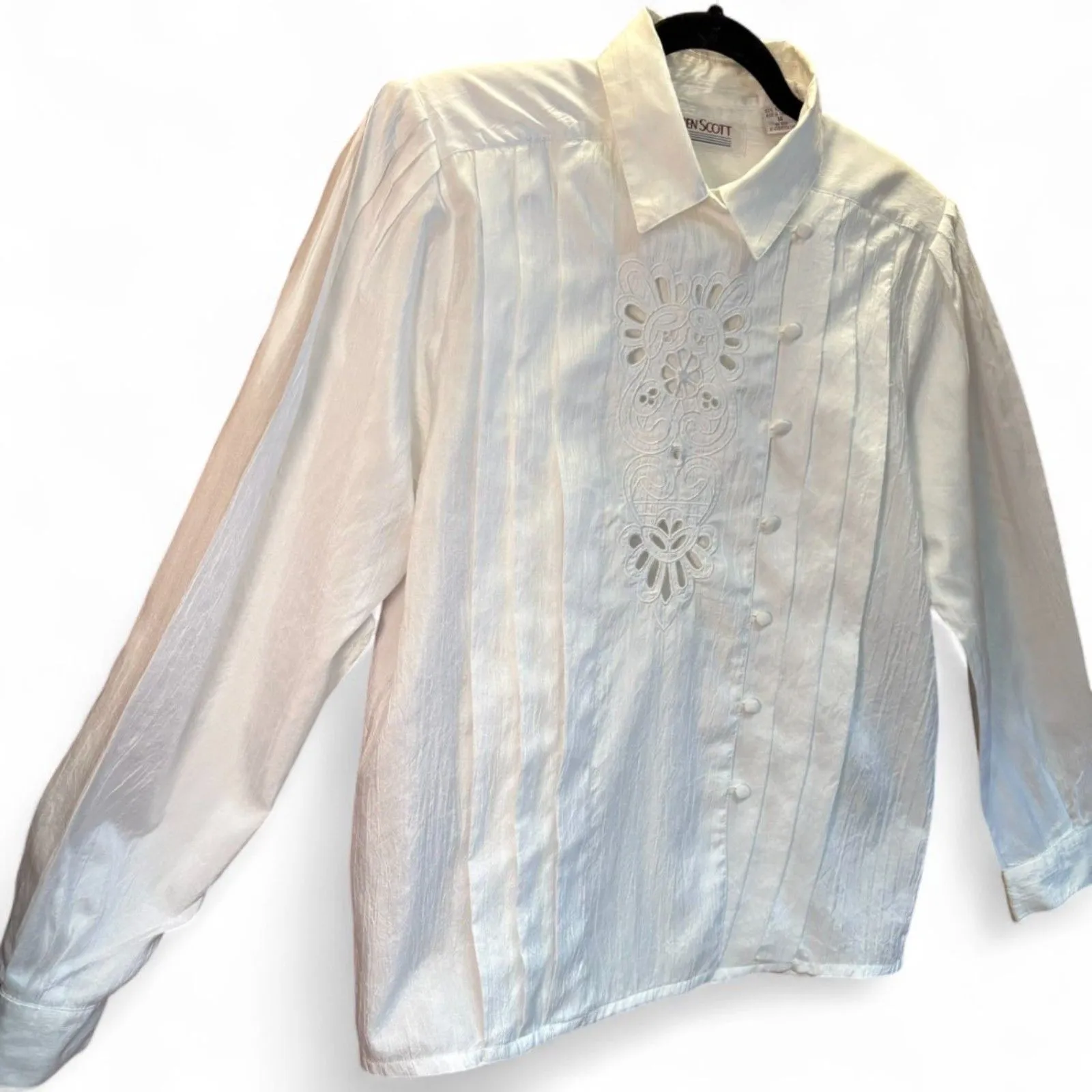 90s Vintage Lace Cutout Pintuck Blouse w/Asymmetrical Buttons size 14 - Image 4