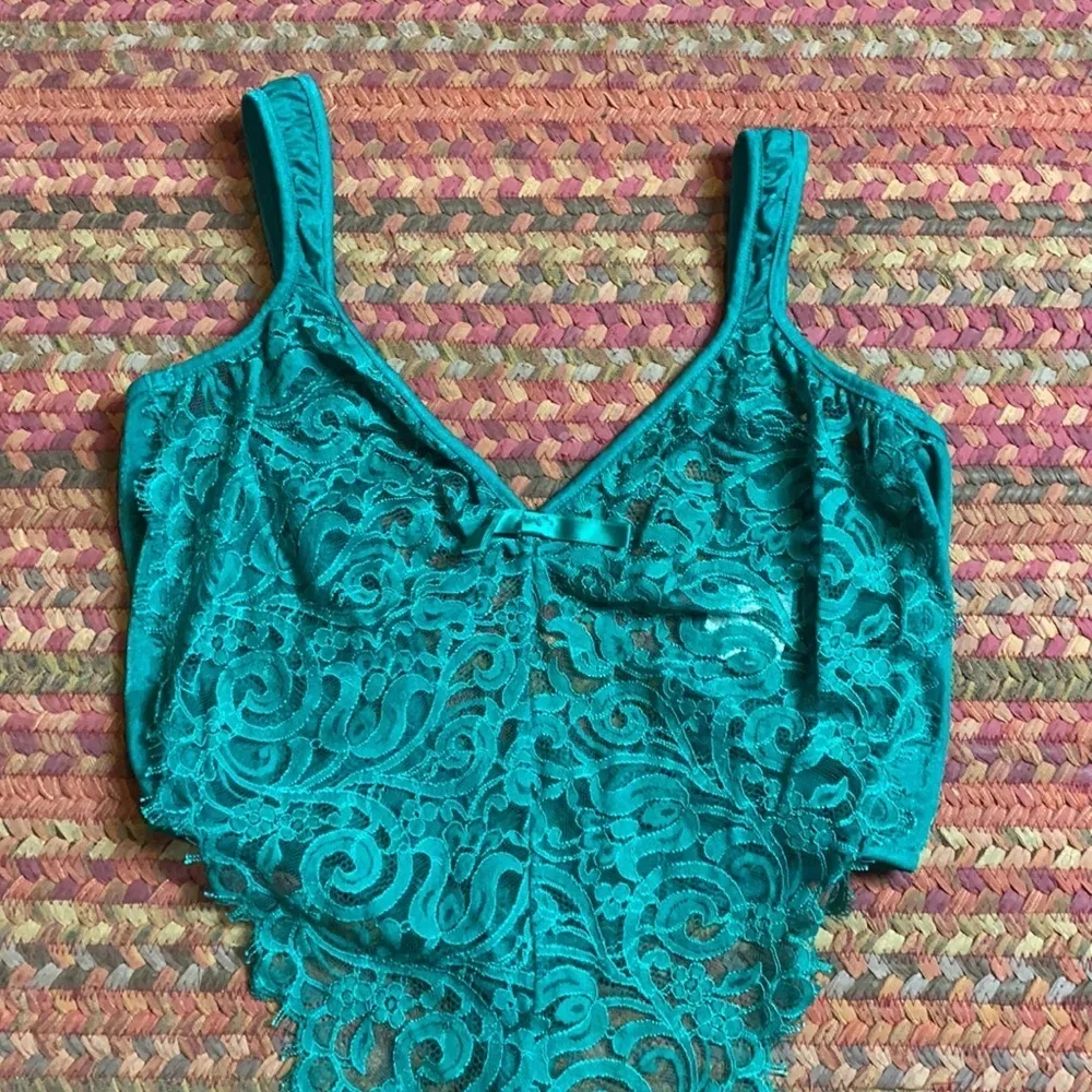 80s VINTAGE TEAL SHEER LACE HIGH CUT LEG BODYSUIT LINGERIE SEXY Green Size M - Image 2