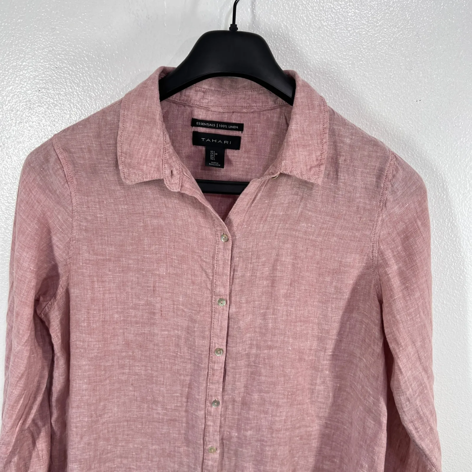 Tahari Essentials Pink 100% Linen Button Front Roll-Tab Blouse Top Womens‎ Large - Image 7