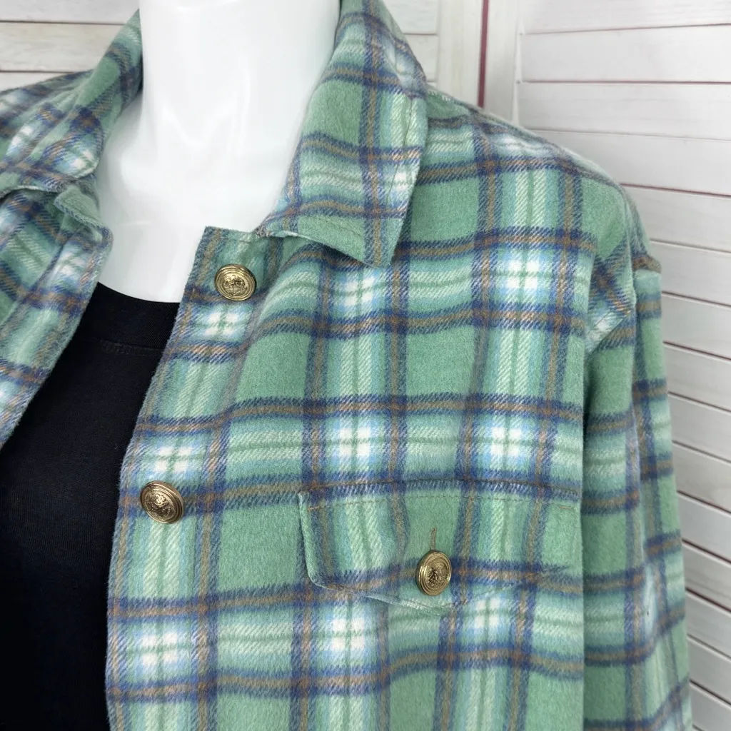 American Eagle Oversized Plaid Fleece Flannel Button Up Shacket Green Large - Image 5