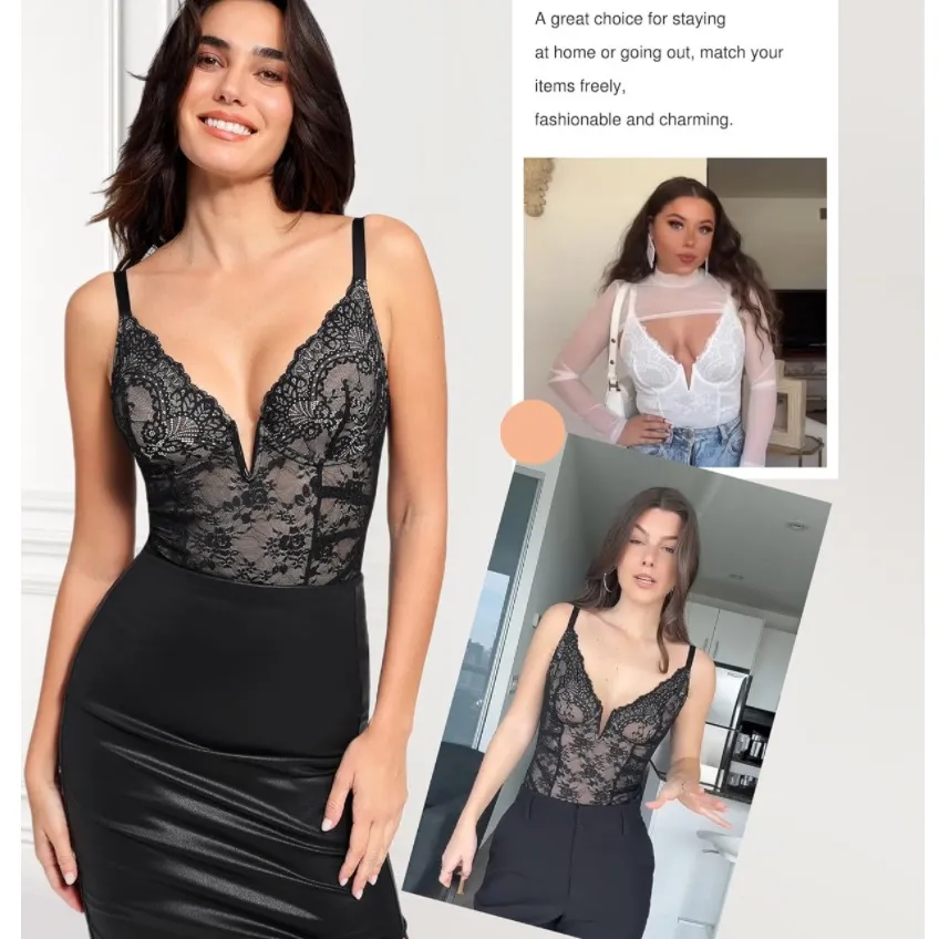 NWT Popilush Lace Deep V Neck Backless Tummy Control Shapewear Bodysuit Small Black - Image 2