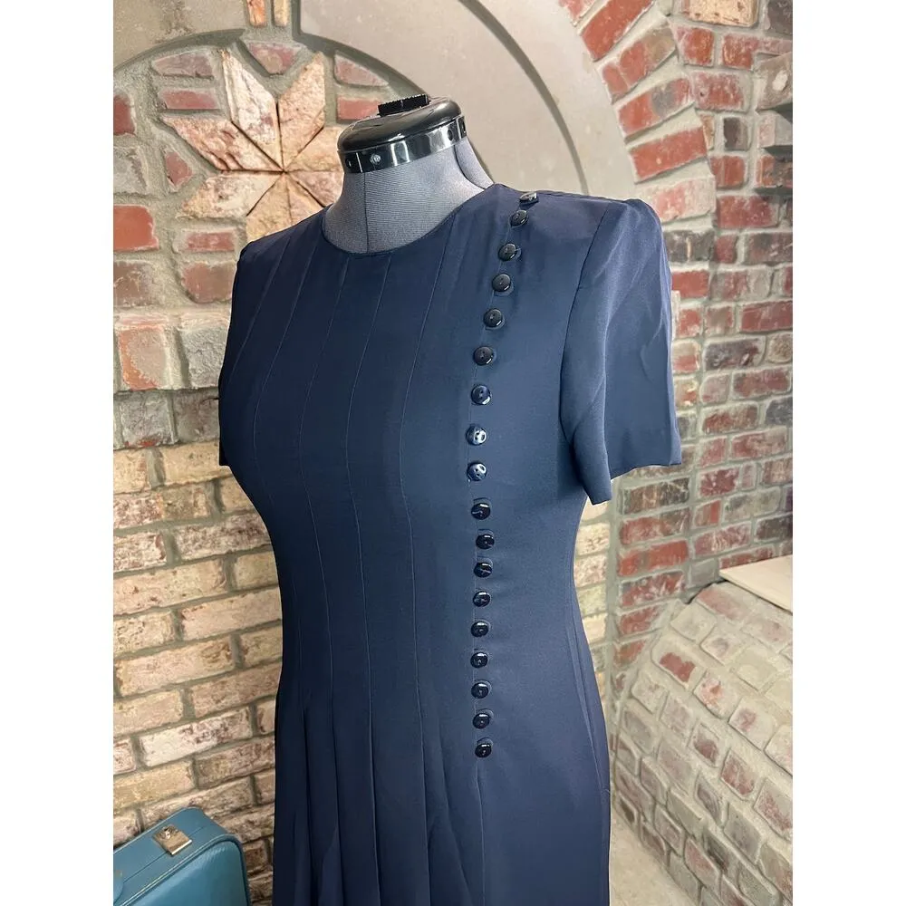 Dress 1980s Navy pleated bodice swing skirt shoulder pads Blue Size 6 - Image 3