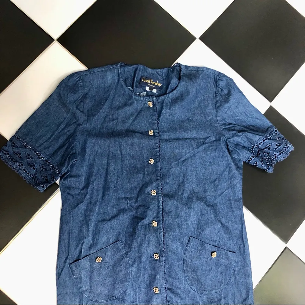 Vintage 80s 90s  Montreal Denim Dress Short Sleeve Eyelet Cutout XL - Image 3