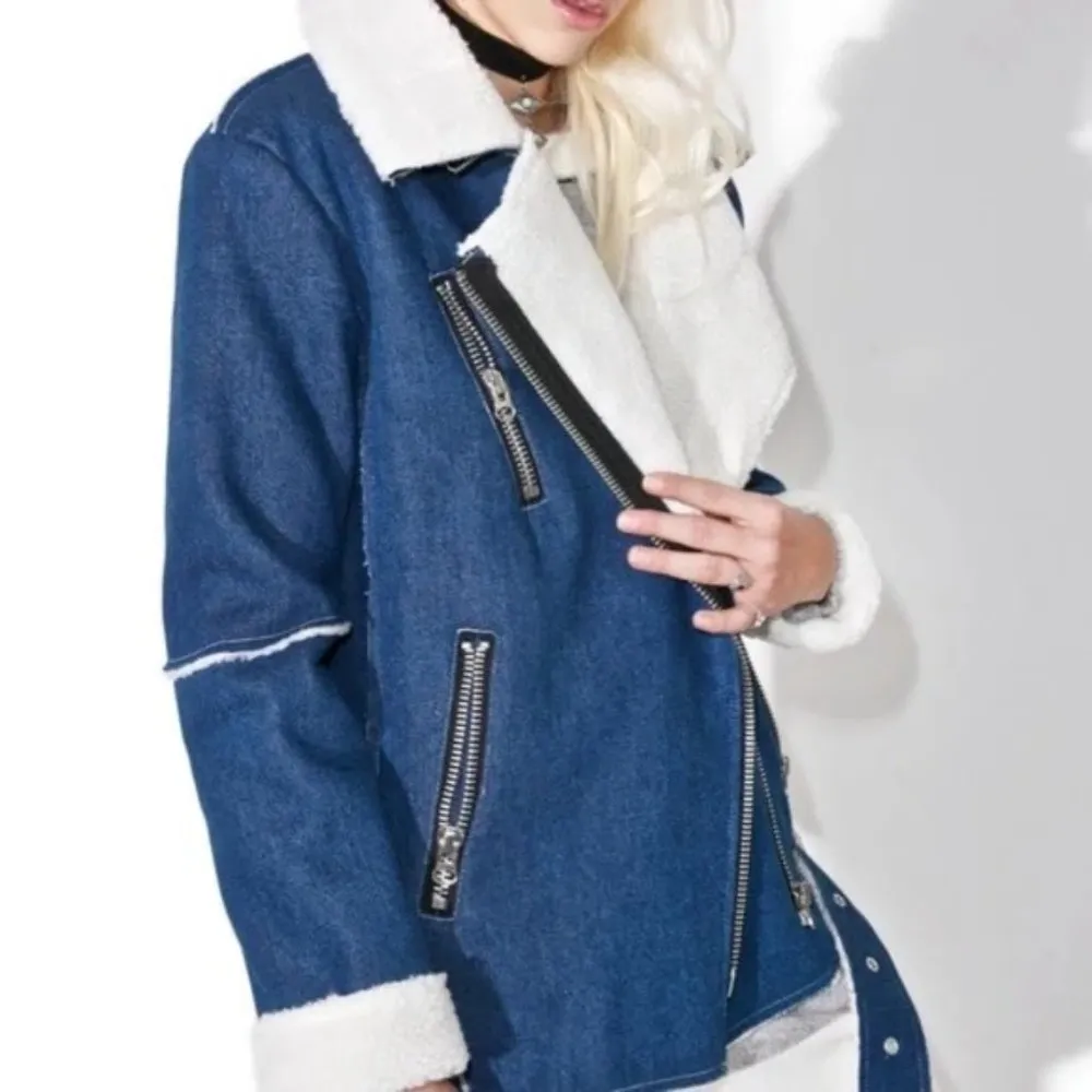 UO J.O.A Denim Sherpa Aviator Shearling Oversized Biker Jacket - Image 2