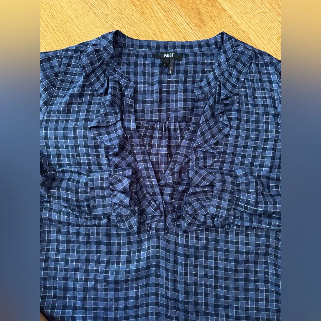 PAIGE Women’s Amalfi Blouse Mettalic Navy Black Plaid Ruffle Long Sleeve Top M - Image 16