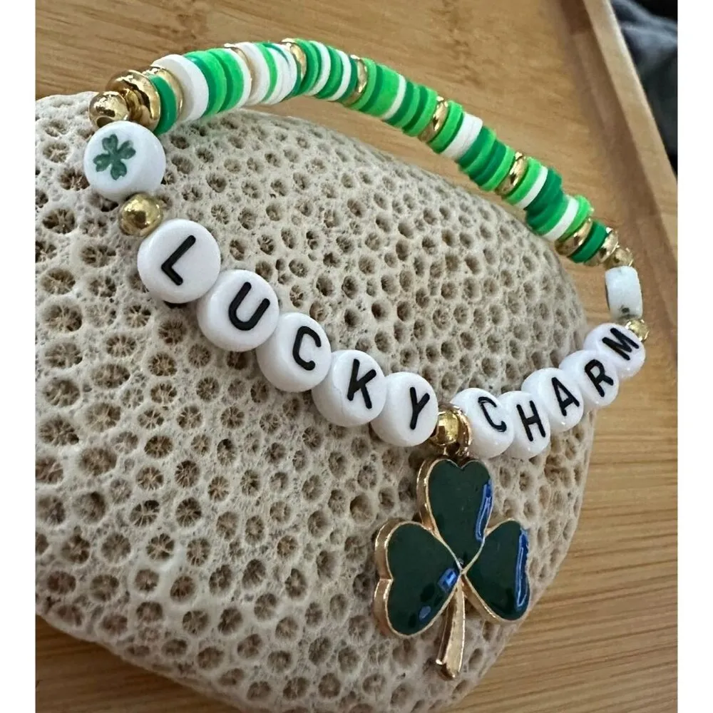 St Patricks Day Bracelet New Beaded Shamrock Lucky Charm New Festive Par… White - Image 10