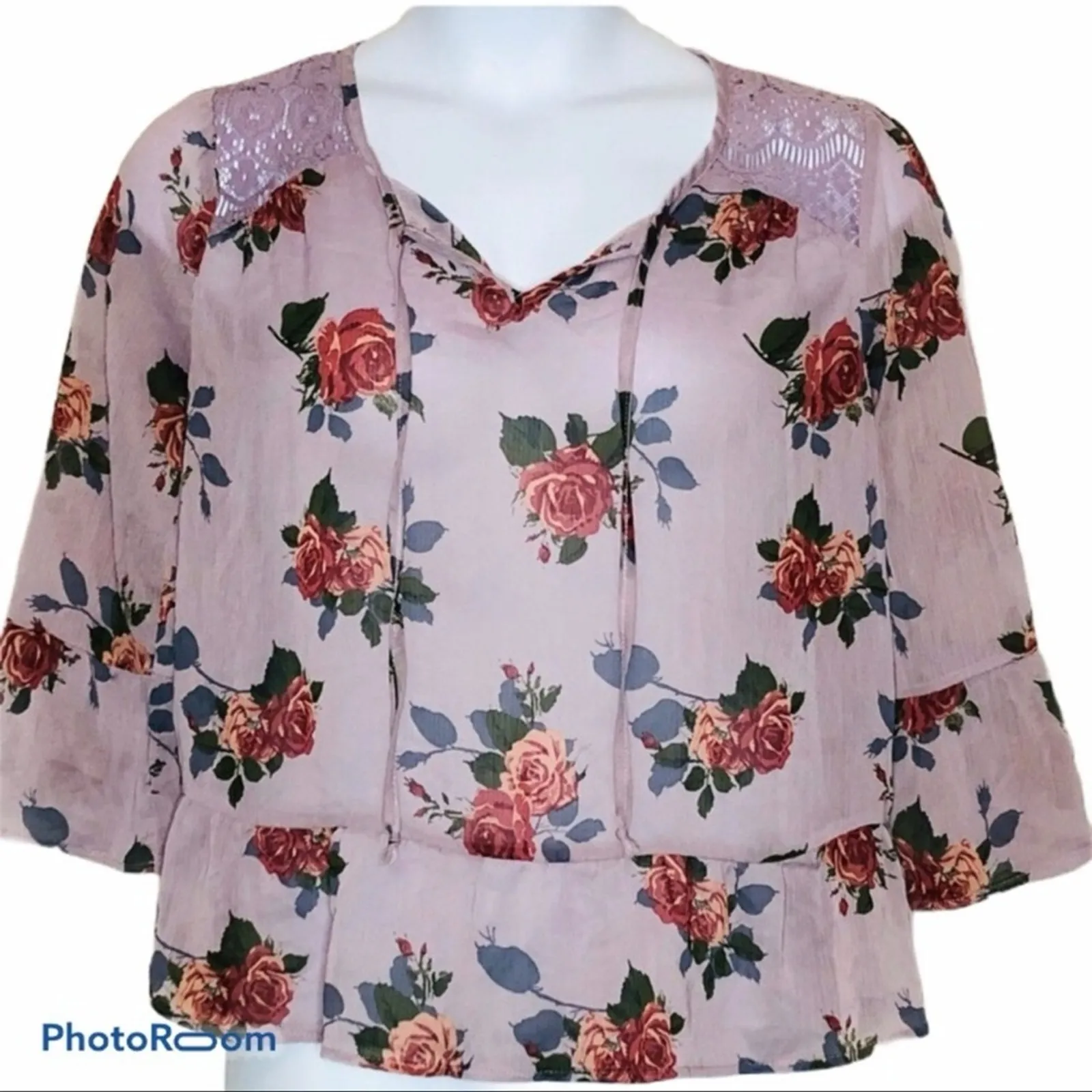 Self Esteem Y2K Floral Peplum Hem Bell Sleeve Blouse – Medium, Lace Detail - Image 5