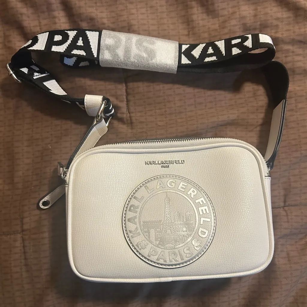 Karl Lagerfeld Paris Medallion Crossbody With Adjustable Strap White Bag - Image 1