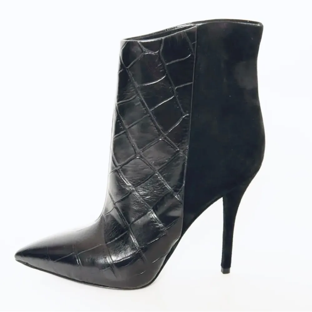 BRIAN ATWOOD Black Suede Embossed Croc Leather Pointed Toe Heel ankle Bootie - Image 2