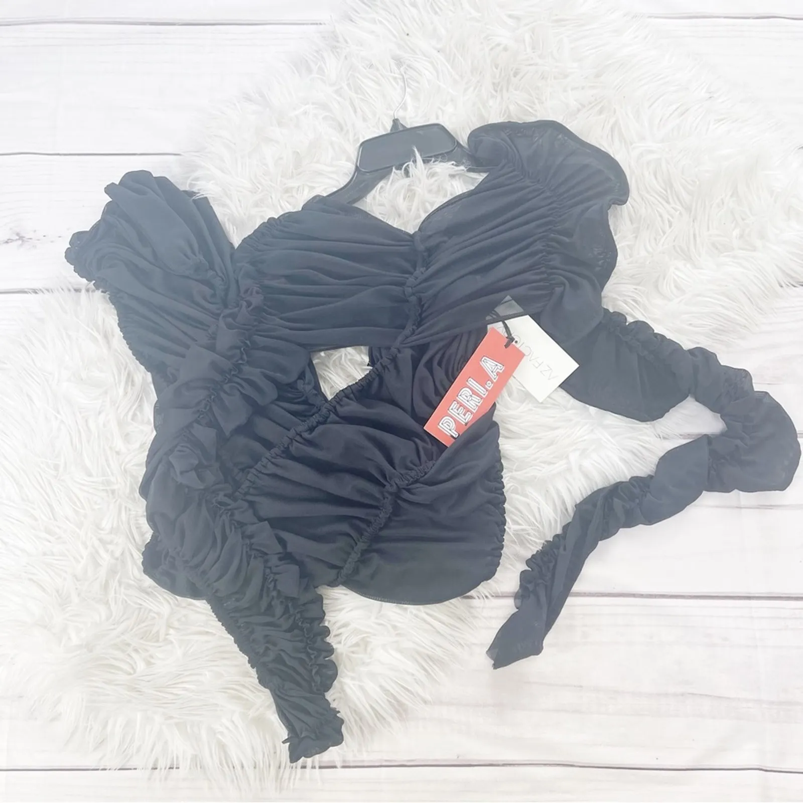 Az Factory with Ester Manas Long Sleeve Ruched Black Sheer Dress Sz FR 36‎ - Image 6