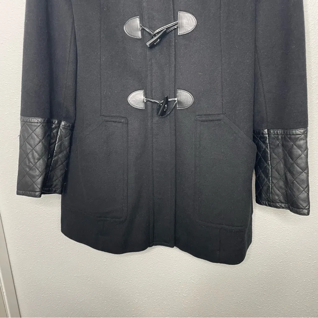 Calvin Klein Black Wool Blend Trench Coat with Leather Trim Accents size L - Image 5