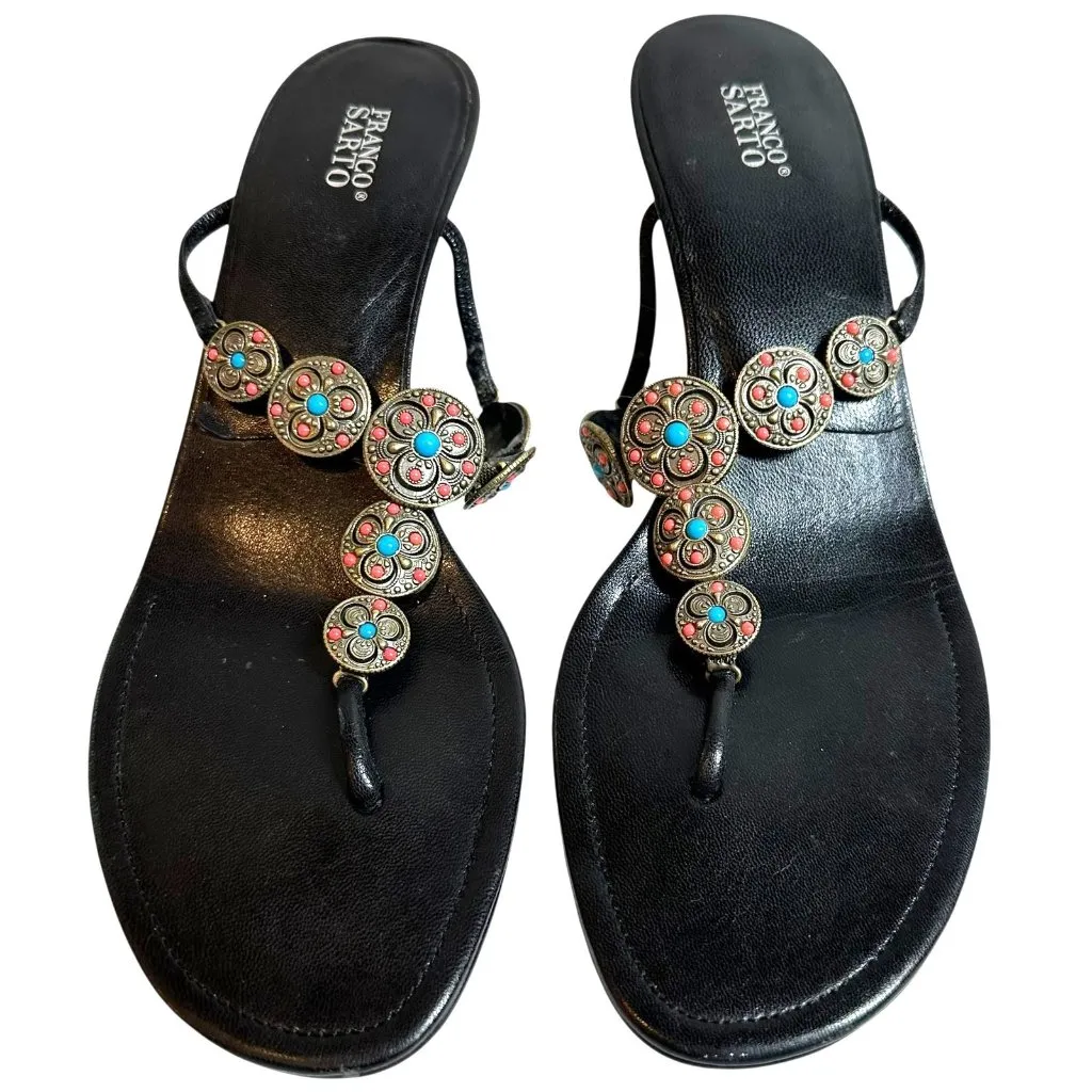 Franco Sarto Black Leather Concha Medallion Thong Kitten Heel Sandals Size 9.5 M - Image 3