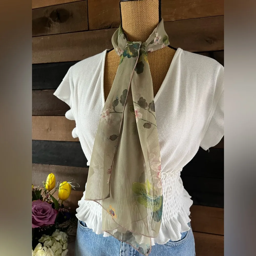 Vintage Sheer Green Floral Hair Wrap / Scarf 51” Length - Image 6