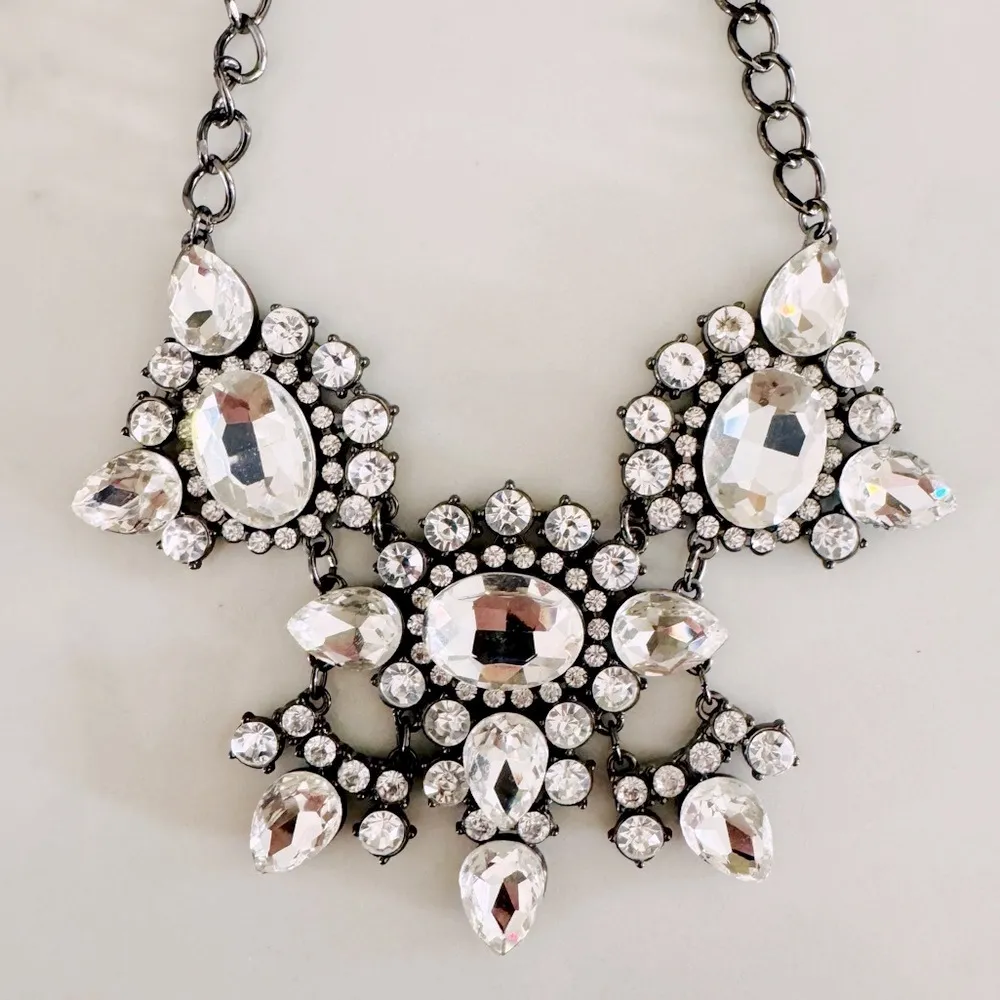 Rhinestone Embellished Statement Bib Necklace, Adjustable Gunmetal Hardware - Image 13