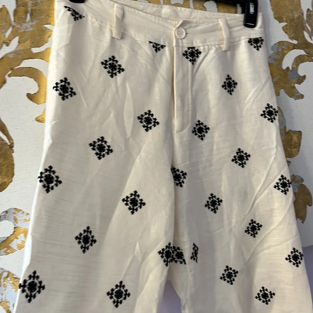 Elie. By Elie Tahari Size 6 Linen Blend Ivory & Black Embroidered Wide Leg Pants - Image 10