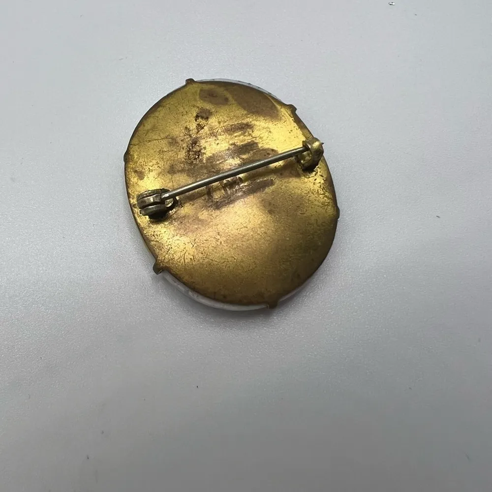 Vintage Hand Painted Porcelain Floral Brass Back Brooch‎ Pin Blue - Image 6