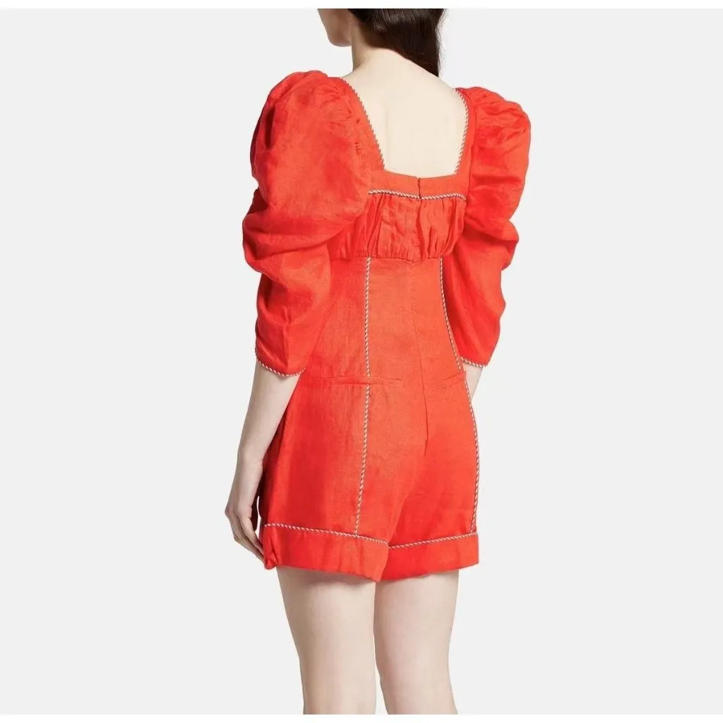 NWT Farm Rio 100% Linen Puff Sleeve Linen Romper Size XS Red - Image 3