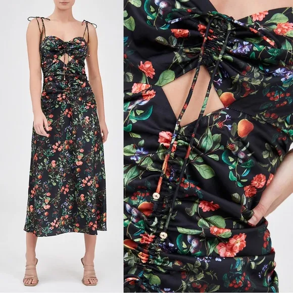 Finders Keepers • Nina Dress black floral satin ruched cut out slip cinched midi - Image 2