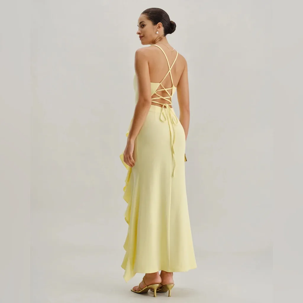 Rihoas Yellow Ruffle Backless Slit Slip Maxi Dress Size XS - Image 5