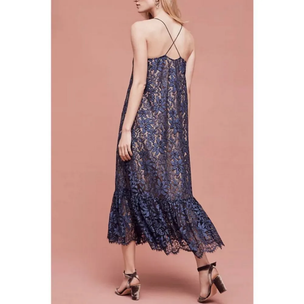 💕MOULINETTE SOEURS ANTHROPOLOGIE💕 Celestial Lace Maxi Dress Navy Blue 12 NWOT - Image 5
