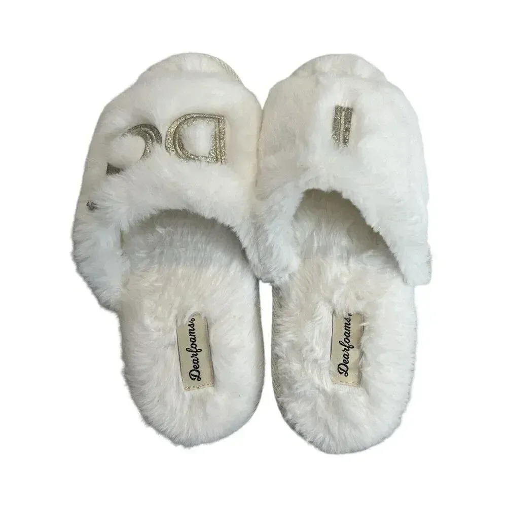 Dearfoams Wedding ‘I DO’‎ Slippers Women’s M (7-8)  Slides Faux Fur Memory Foam - Image 3