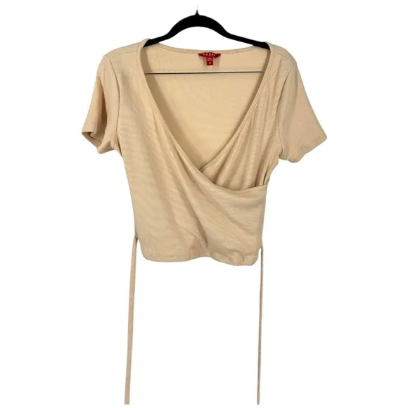 GUESS Ribbed Wrap Crop Top Beige Size‎ M V Neck Crossover Tie Waist - Image 4