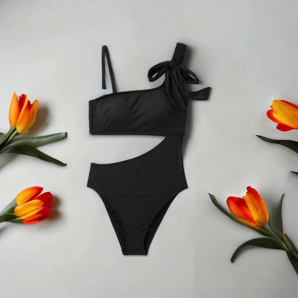 Shade & Shore One Shoulder Bow Cut Out One‎ Piece Black Swimsuit 
Size XL - Image 13