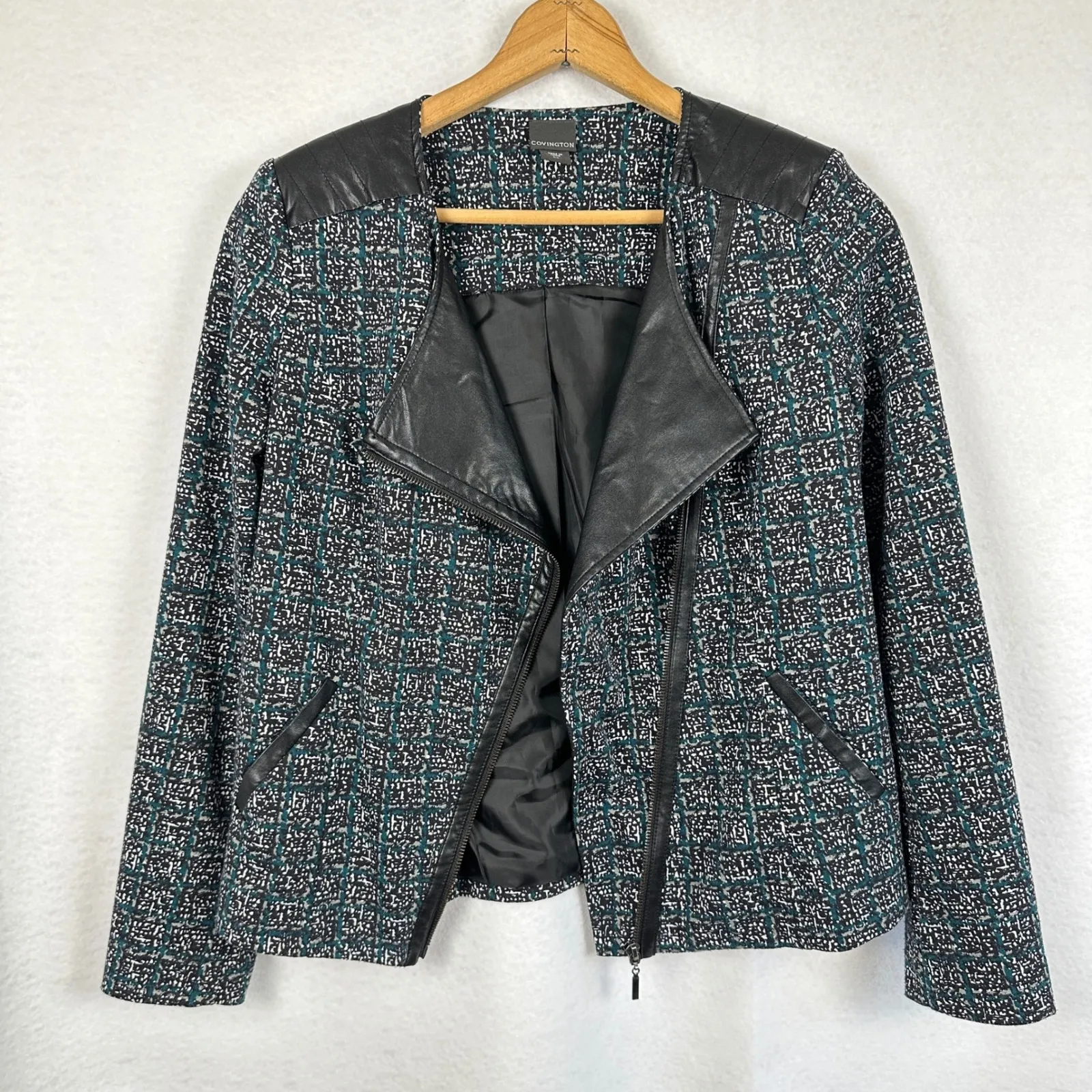 Covington Moto Jacket Blazer Women Small Faux Leather Trim‎ Textured Teal Plaid - Image 7