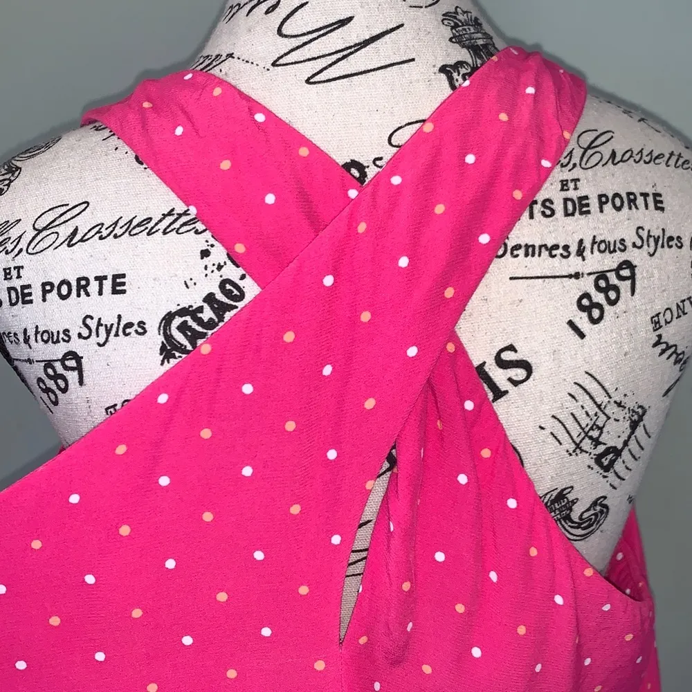 LOFT Polka Dot Bright Pink V-Neck Sleeveless Dress Women’s Large - Image 4