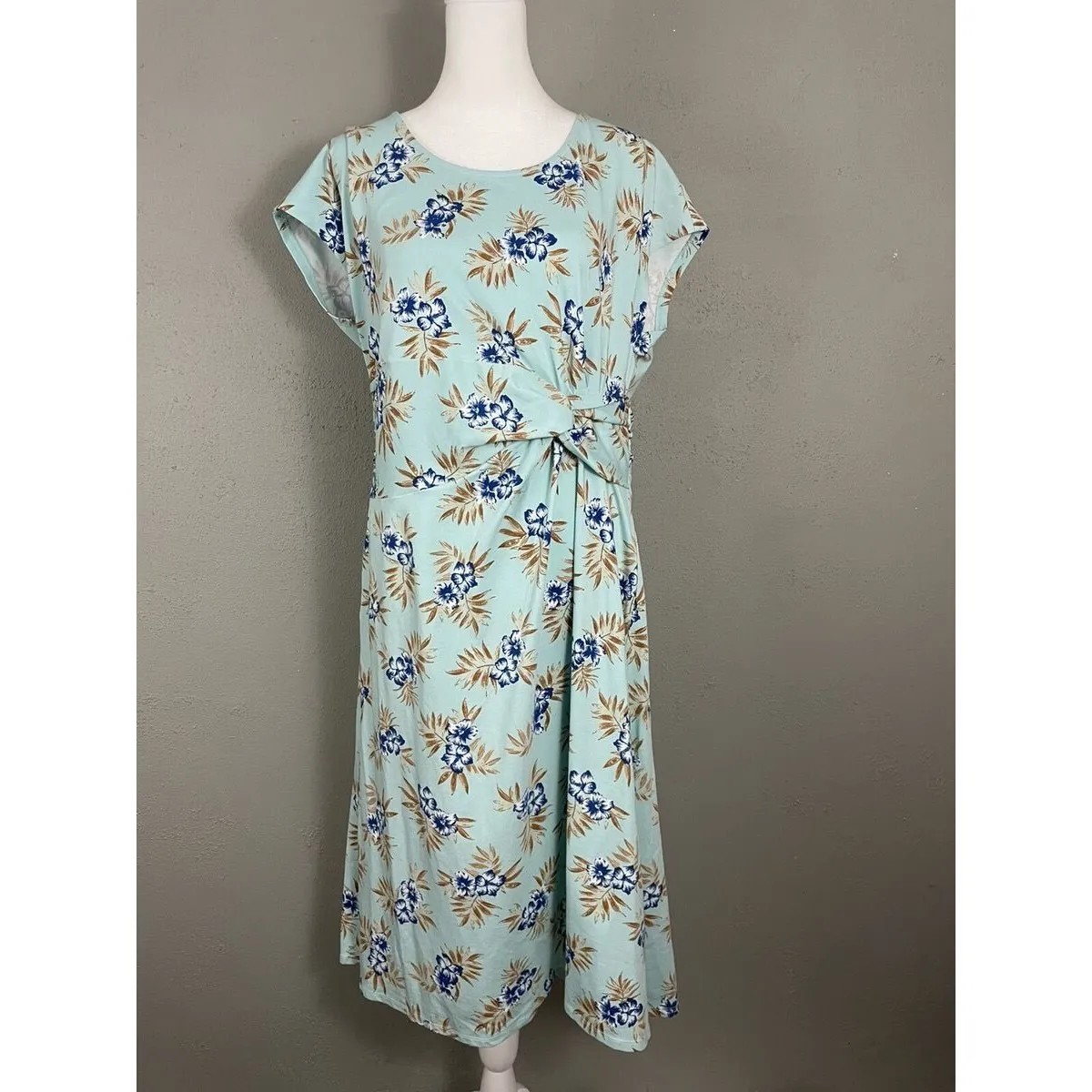 Lands End Dress 1X 16-18 W Cap Sleeve Twist Knot Jersey Knit Stretch Blue Floral - Image 2
