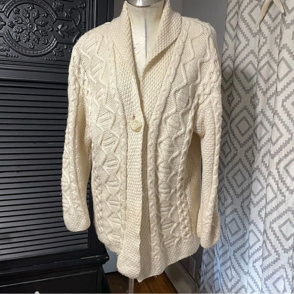 Inis Crafts 100% merino‎ wool Aran Ireland Fisherman shawl cardigan sweater L Size L - Image 2