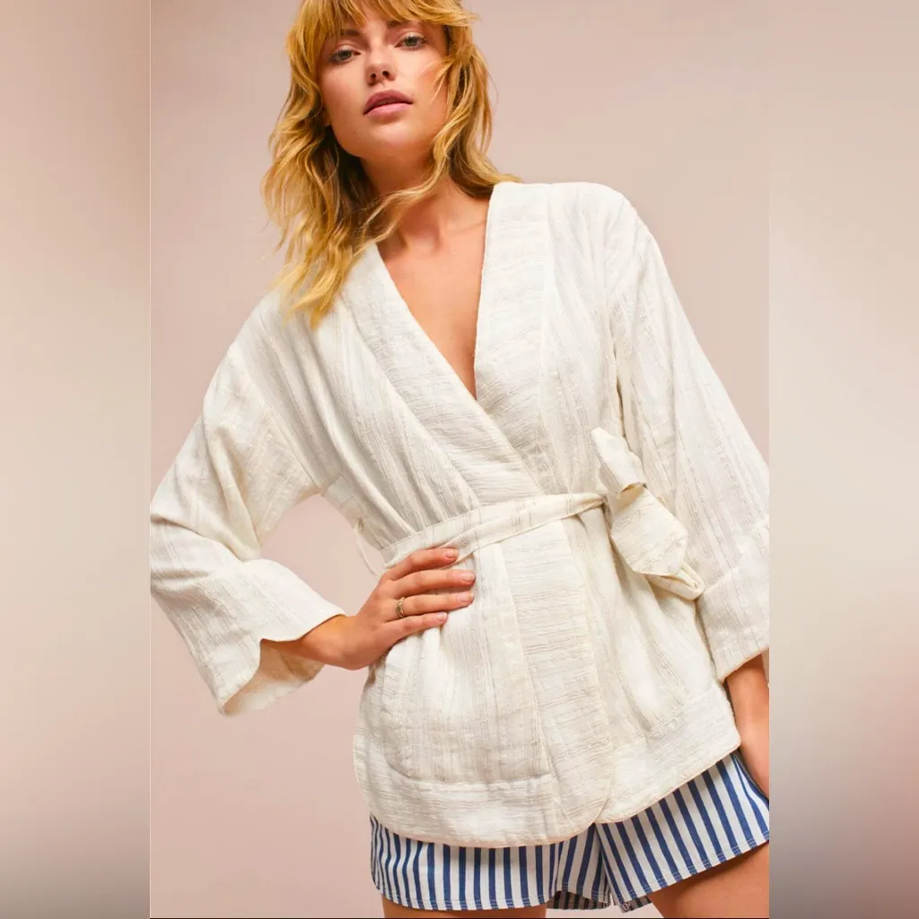 HEI HEI Anthropologie Amita Cream Gold Metallic Stripe Kimono Belted Jacket S - Image 2