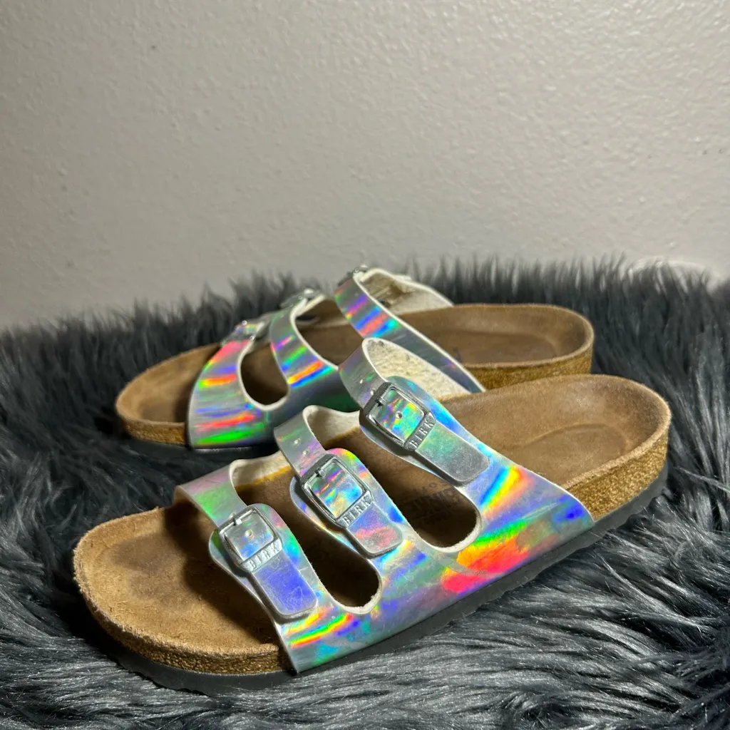 Birkenstock Florida Three-Strap Holographic Silver Slide Sandal SzEU38 L7 - M5 - Image 3